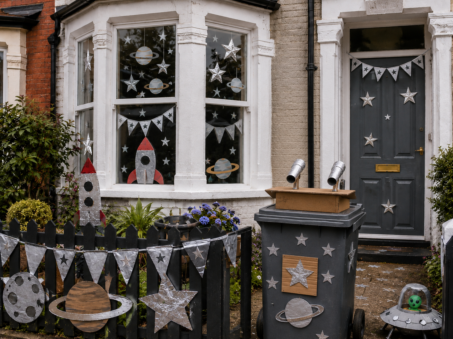 Street scene decorated with homemade Count Binface-supporting signs, bunting and a wheelie bin podium.